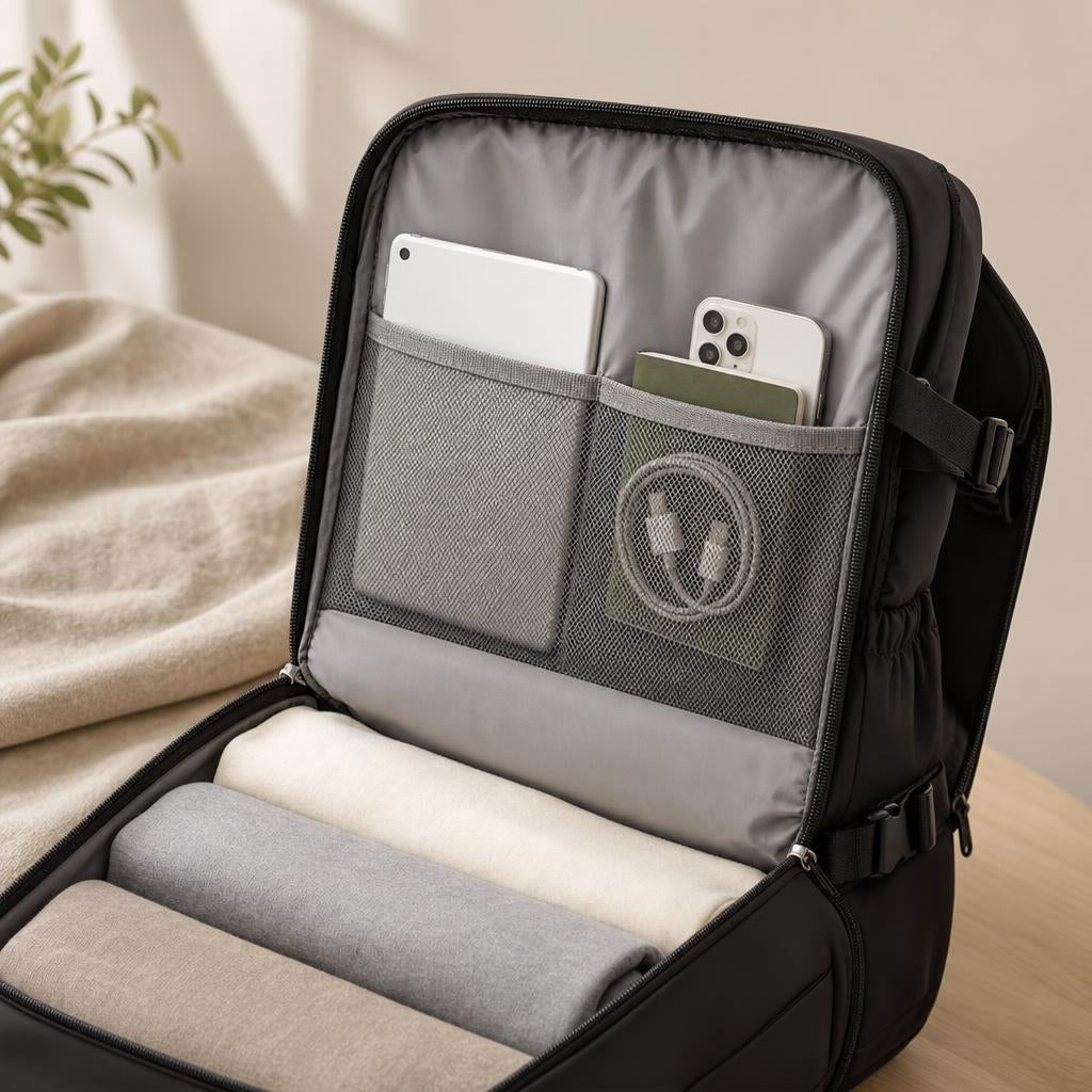 Bolsillos interiores de la mochila para tablet, teléfono y documentos