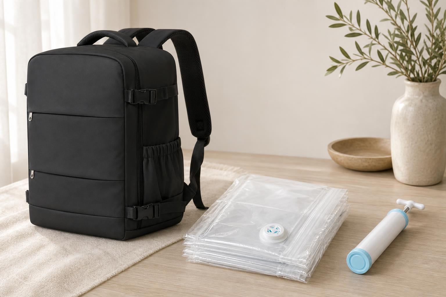 Mochila, bolsas de compresión y bomba manual